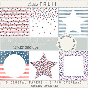 Stars and STRIPES Clipart Overlays- 4th of July Digital Paper + Transparent PNG- Watercolor Red White and Blue Frames Borders Pictures