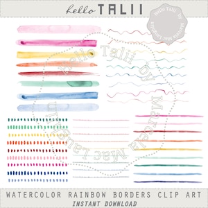 WATECOLOR RAINBOW BORDERS Clip Art- 44 Watercolor Brushstrokes Borders Thick and Thin Brushstrokes Handpainted Dotted Wiggle and Wavy Lines