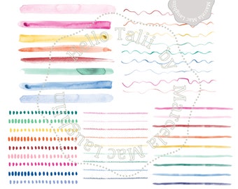 WATECOLOR RAINBOW BORDERS Clip Art- 44 Watercolor Brushstrokes Borders Thick and Thin Brushstrokes Handpainted Dotted Wiggle and Wavy Lines