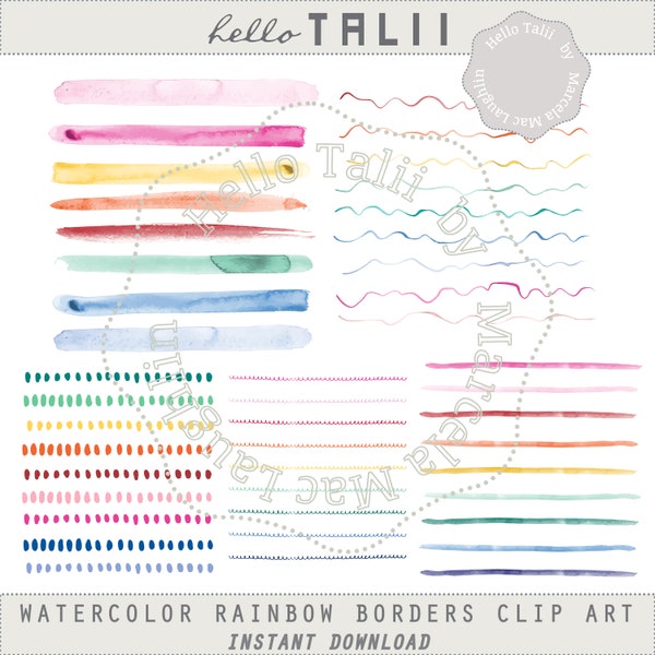 WATECOLOR RAINBOW BORDERS Clip Art- 44 Watercolor Brushstrokes Borders Thick and Thin Brushstrokes Handpainted Dotted Wiggle and Wavy Lines
