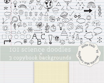 101 SCHOOL Doodles- SCIENCE and MATH Doodles Clipart- Back to School Handdrawn Graphics+ 3 Copybook Digital Papers Earth Planets Math signs