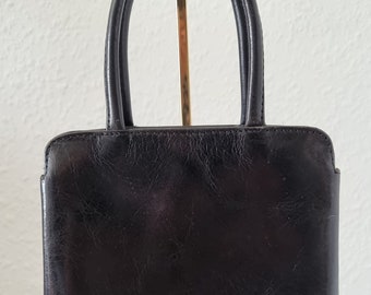 Vintage quadratische Handtasche aus schwarzem Leder Boxca Made in India Geldbörse Abendparty Cocktail 11,5"x8"x2"