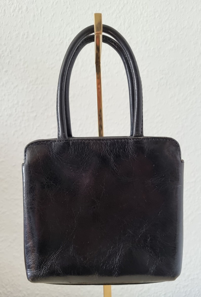 Vintage quadratische Handtasche aus schwarzem Leder Boxca Made in India Geldbörse Abendparty Cocktail 11,5x8x2 Bild 1