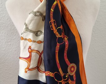 Jaren '90 100% Zijdegevoel Paard Patroon Zadel D Ring Prachtige Vintage Oranje Marineblauwe Lange Sjaal Paardrijden Motieven