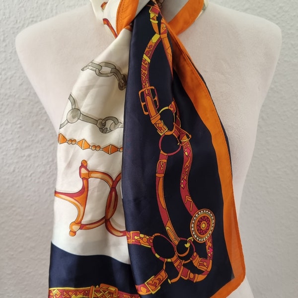 90's 100% Silk Feel Horse Pattern Saddle D Ring Gorgeous Vintage Orange Navy Blue Long Scarf Horseback Riding Motifs