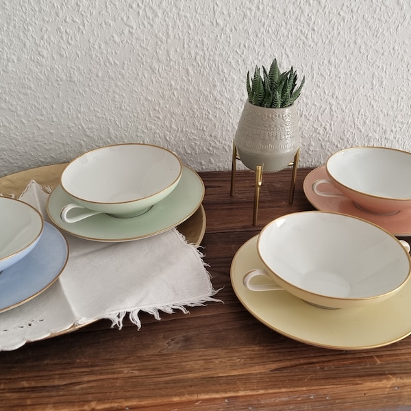 Vintage 80's Porcelain Light Pastel Set Soup Bowls with Saucers Set of 4 Dark Pastel Colours Tea Bowls Gold Rim - Heinrich Bavaria Germany