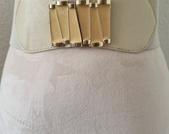 Vintage elastische riem crème met goud en crème emaille gesp - maat 85 cm - gesp 3,25"x2" NIEUW