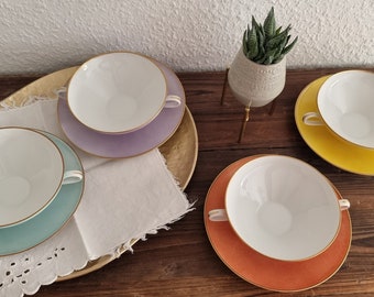 Vintage 80's Porcelain Pastel Set Soup Bowls with Saucers Set of 4 Dark Pastel Colours Tea Bowls Gold Rim - Heinrich Bavaria Ceramic Germany