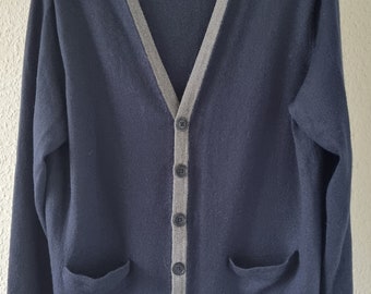 vintage Cardigan en laine Saks Fifth Avenue bleu foncé et gris Cardigan américain taille XL en laine avec poches sur le devant