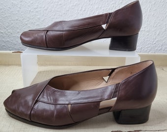 Vintage Classic Brown Shoes Peep Toe HIGH QUALITY Pure Leather Women's Gabor Heels Like New - Lovely walk - Size 37 EU