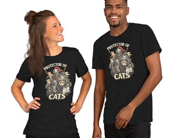 May include: Two people wearing dark gray t-shirts with a graphic of a knight in armor holding cats. The text on the shirt reads "PROTECTOR OF CATS". The knight is depicted with a shield and a paw print.