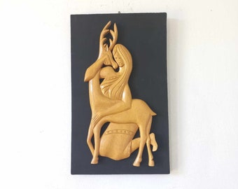 Vintage Wall Art Depicting A Woman In A Sari Embracing A Deer Wooden Carving On Material Covered Framework Mid Century Retro Wall Decor