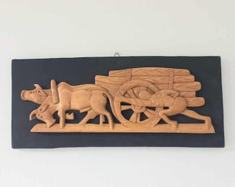 Vintage Wall Art Depicting A Cart Being Pulled By Oxen With Driver Wooden Carving On Material Covered Framework Mid Century Retro Wall Decor