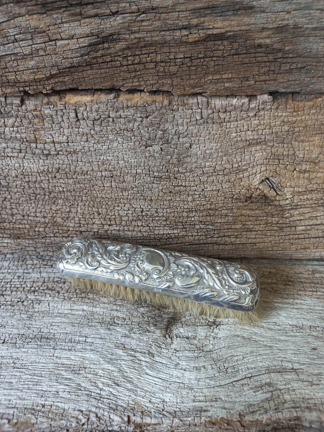 Antique Clothes Brush Late 1800’s English Silver and Wood With Ornate