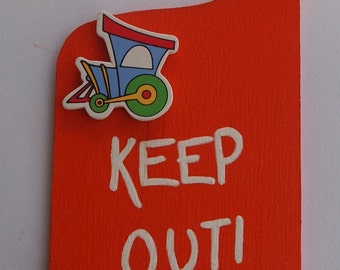 Hand painted and embellished plywood hanger to hang over a door handle featuring trains and the words &quot;Keep Out&quot; and &quot;No Entry&quot;