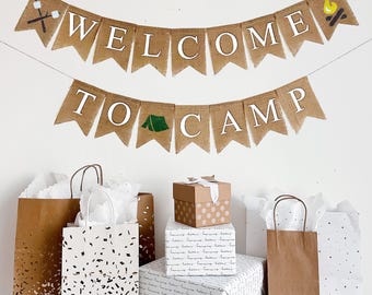 Campingskylt, Välkommen till lägret-banderoll, Födelsedagsfestdekorationer, Idéer för camping i trädgården, Festdekorationer, Jutebanderoll