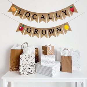 Lokaal geteelde banner, bord boerenmarkt, biologische babyshower, boerderij vers decor, fruitgroentestandaard, tuinfeestdecoratie, zelfgekweekt