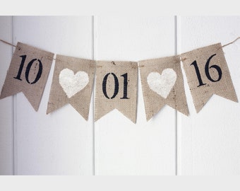 Save The Date Burlap Banner, Engagement Banner, Wedding Photo Prop, Engagement Photo Prop, White Hearts Banner, B442