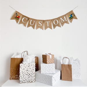 Fiesta de cumpleaños de construcción / Fiesta de cumpleaños de camión volquete / Pancarta de arpillera / Decoraciones para fiesta de construcción / Pancarta personalizada / Revelación de género