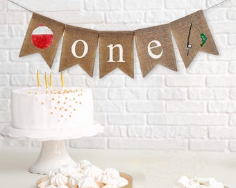 Verjaardagsfeestje vissen, banner één kinderstoel, eerste verjaardag vissen thema, banner 1e verjaardag, de grote, eerste verjaardagsversieringen