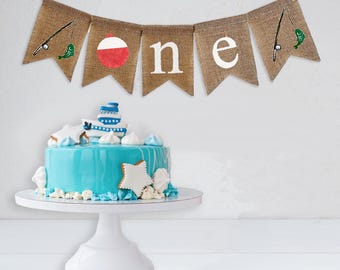Verjaardagsfeestje vissen | Het grote verjaardagsthema | Banner kinderstoel | Ofishally One | Visserijthema | Visbanner | Cake Smash-achtergrond