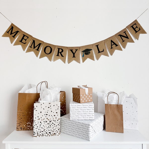 Memory Lane Banner, Graduation Party Decorations, Photo Table Sign, High School or College Reunion Decorations, Memory Lane Burlap Banner