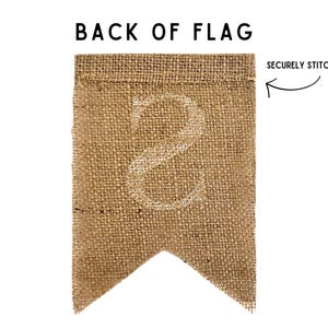 Op de afbeelding: Een jute banner met het nummer 2 in het wit gedrukt. De banner heeft een stevig gestikte vouw aan de bovenkant en een puntige onderrand. De tekst "BACK OF FLAG" staat boven de banner.