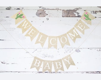 Pink Cactus Welcome Baby Banner, Fiesta Baby Shower or Gender Reveal Party Decor, Cactus Banner, Fiesta Baby Shower Decor, B875