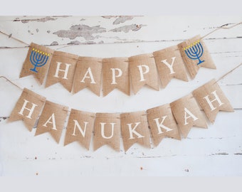 Happy Hanukkah Banner, Hanukkah Decorations With a Blue and Gold Glittered Menorah, B206