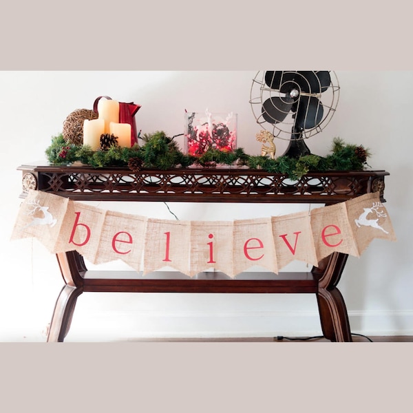 SALE Christmas Decor, Believe Reindeer Banner