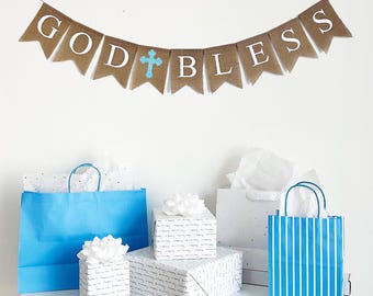 God Bless Banner, Boy's First Communion, Christening Decor, Baptism Banner, Confirmation Garland, Religious Decorations, Christian Sign