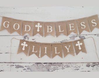 White Cross God Bless Banner, Baptism Banner, Confirmation Banner, Christening Banner, First Communion Banner, Religious Decor B455