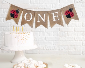 Cumpleaños de mariquita / Decoración para el primer cumpleaños / Pancarta para una silla alta / Decoración para aplastar un pastel / Decoraciones para el primer cumpleaños de mariquita / Pancarta de arpillera