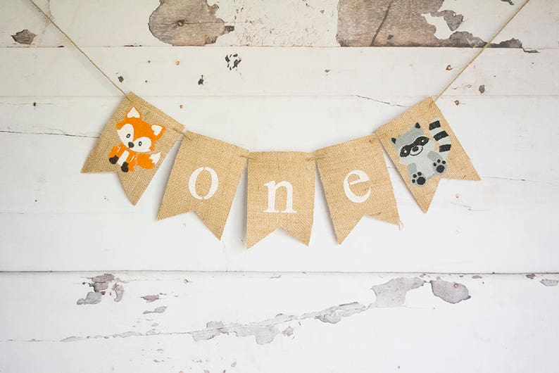 Woodland Birthday Decorations, Woodland 1st Birthday Banner, Fox Highchair Banner, Raccoon Garland, Woodland Banner, B680 image 3