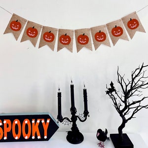 Orange & Pink Jack-o-Lantern Pumpkin Burlap Banner, Halloween Party Decorations, Halloween Mantle Garland, Happy Halloween, B1297 image 1