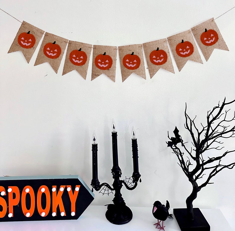 Orange & Pink Jack-o-Lantern Pumpkin Burlap Banner, Halloween Party Decorations, Halloween Mantle Garland, Happy Halloween, B1297 image 1