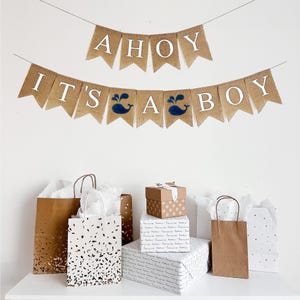 Decorazioni per baby shower per bambini, &quot;Ahoy, è un maschietto&quot;, decorazioni per feste a tema balena, rivelazione del sesso, annuncio di nascita, festa a tema oceano, striscione in juta