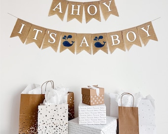 Decoraciones para baby shower de niño, ¡Ahoy, es niño!, decoraciones para fiesta de ballenas, revelación de género, anuncio de bebé, fiesta temática del océano, pancarta de arpillera.