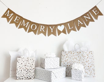 Memory Lane Banner, Graduation or Wedding Anniversary Party Decor, High School, College Reunion or Retirement Decorations, Burlap Banner