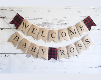 Welcome Baby Decor, Lumberjack Baby Shower Banner, Buffalo Plaid Baby Shower Decoration, Personalized Lumberjack Baby Shower, B526