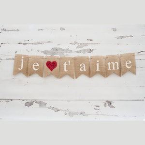 Je T'aime jutowy baner Valentine, baner JeT'aime, baner walentynkowy, Valentine rekwizyt fotograficzny B066