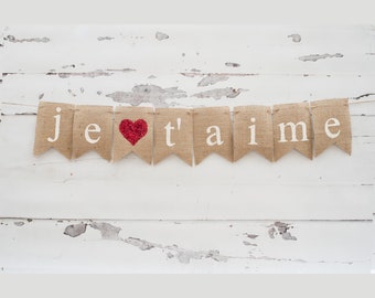 Je T'aime Burlap Valentine Banner, JeT'aime Banner, Valentine's Day Banner, Valentine Photo Prop B066