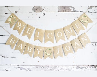 Bloemenkrans Welkom Baby Gepersonaliseerde Banner, Flower Baby Shower of Gender Reveal Party Decor, Floral Baby Shower Decor B251