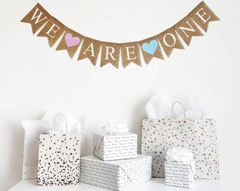 Temas para el primer cumpleaños de gemelos / Decoraciones para el primer cumpleaños / Fiesta de cumpleaños de gemelos / Banner para el primer cumpleaños de gemelos niño y niña / Letrero "Somos uno"