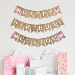 Pancarta de feliz cumpleaños, fiesta de cumpleaños de calabaza, decoraciones para fiesta de calabaza, pancarta personalizada, guirnalda de arpillera, decoración otoñal