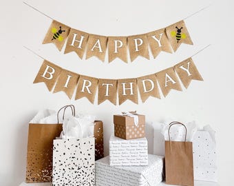 Happy Birthday Bee | Bumblebee Decorations | Bee Theme Birthday Party | Burlap Banner | Burlap Garland | Backdrop Banner