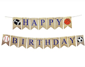 Decoraciones deportivas para fiestas de cumpleaños, letrero de feliz cumpleaños, decoración deportiva azul, béisbol, fútbol, fútbol, pancarta de cumpleaños de baloncesto B1122