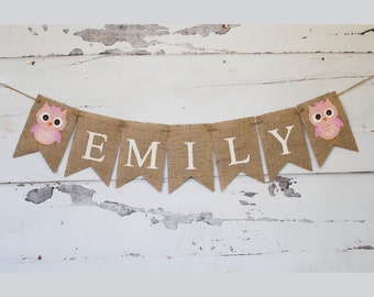 Pink Owl Personalized Banner, Owl Banner, Owl Burlap Banner, Owl Garland, Owl Decor, Girl Owl Decor, B202