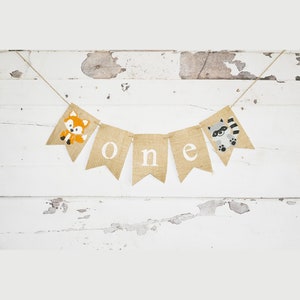 Woodland Birthday Decorations, Woodland 1st Birthday Banner, Fox Highchair Banner, Raccoon Garland, Woodland Banner, B680 image 1