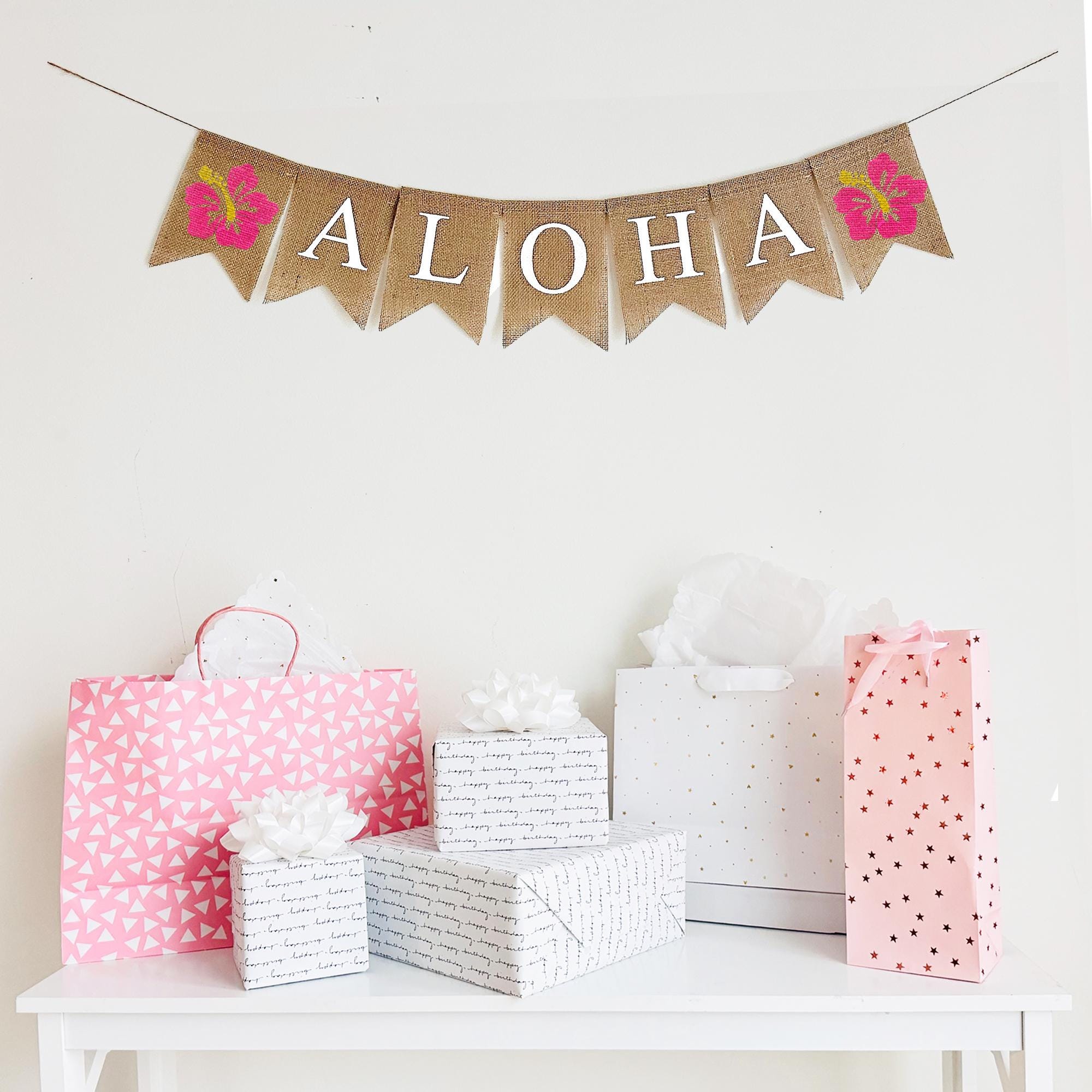 Aloha Set Decorazioni Baby Shower Compleanno | Striscione E Topper Torta Oro | Tema Hawaiano Rosa Rosso